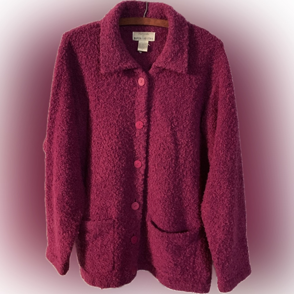 Vintage Knitworks By Marisa Christina Wool Blend Cardigan Sweater Raspberry